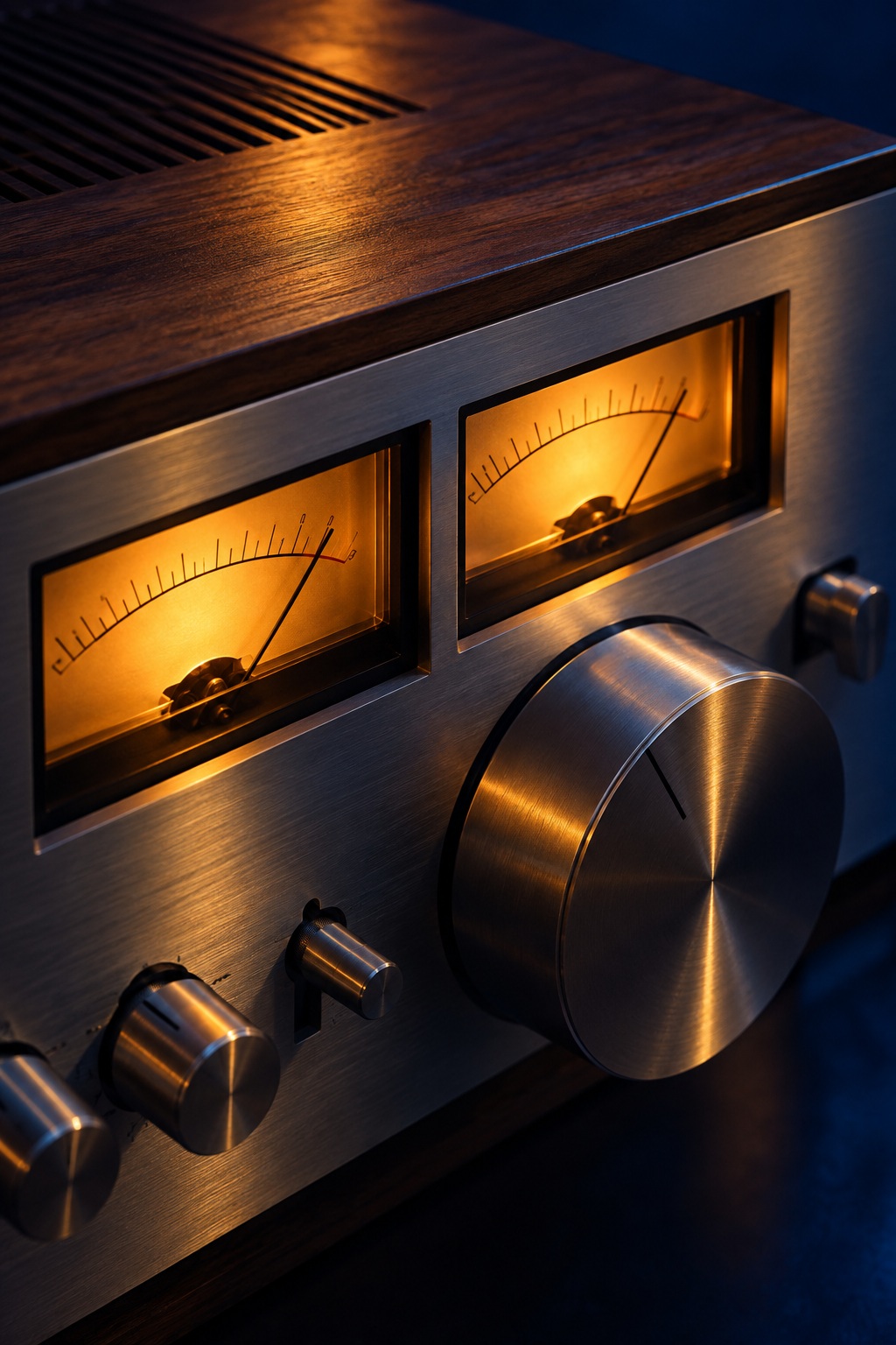 Amber needle meters glow against brushed silver, dark walnut and deep blue shadows.