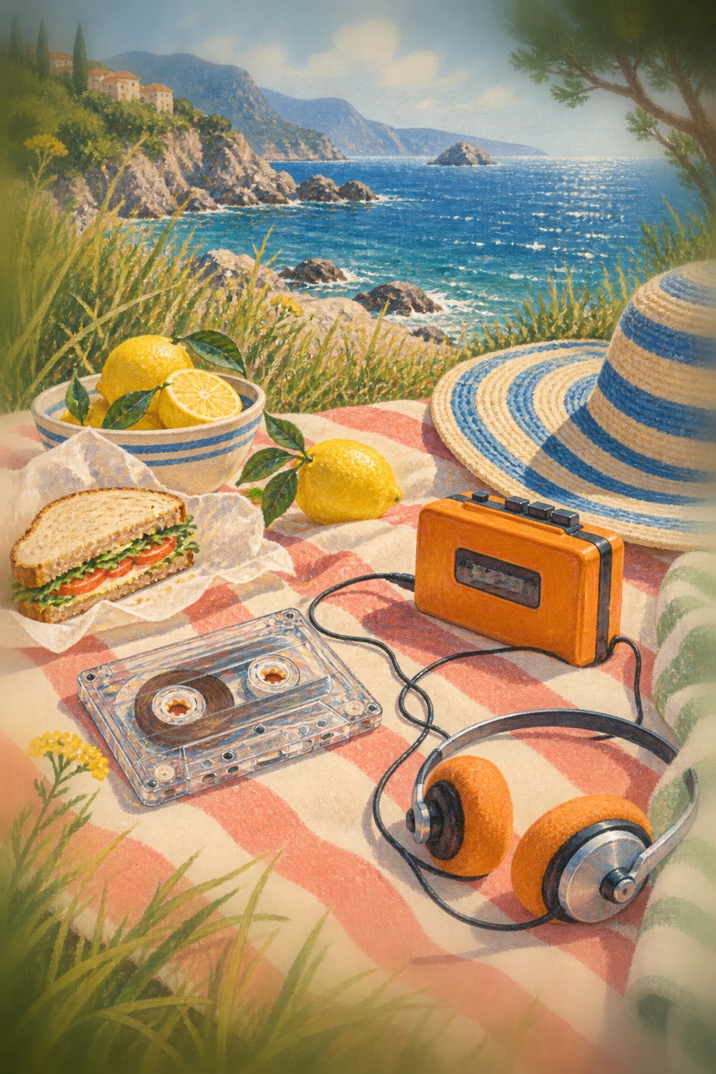 A portable tape player, headphones and picnic things share a blanket beside the sea.