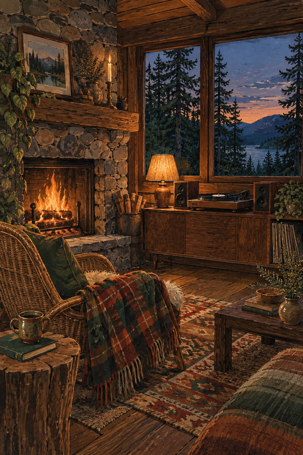 A cabin listening corner glows beside a stone fireplace as dusk gathers outside.