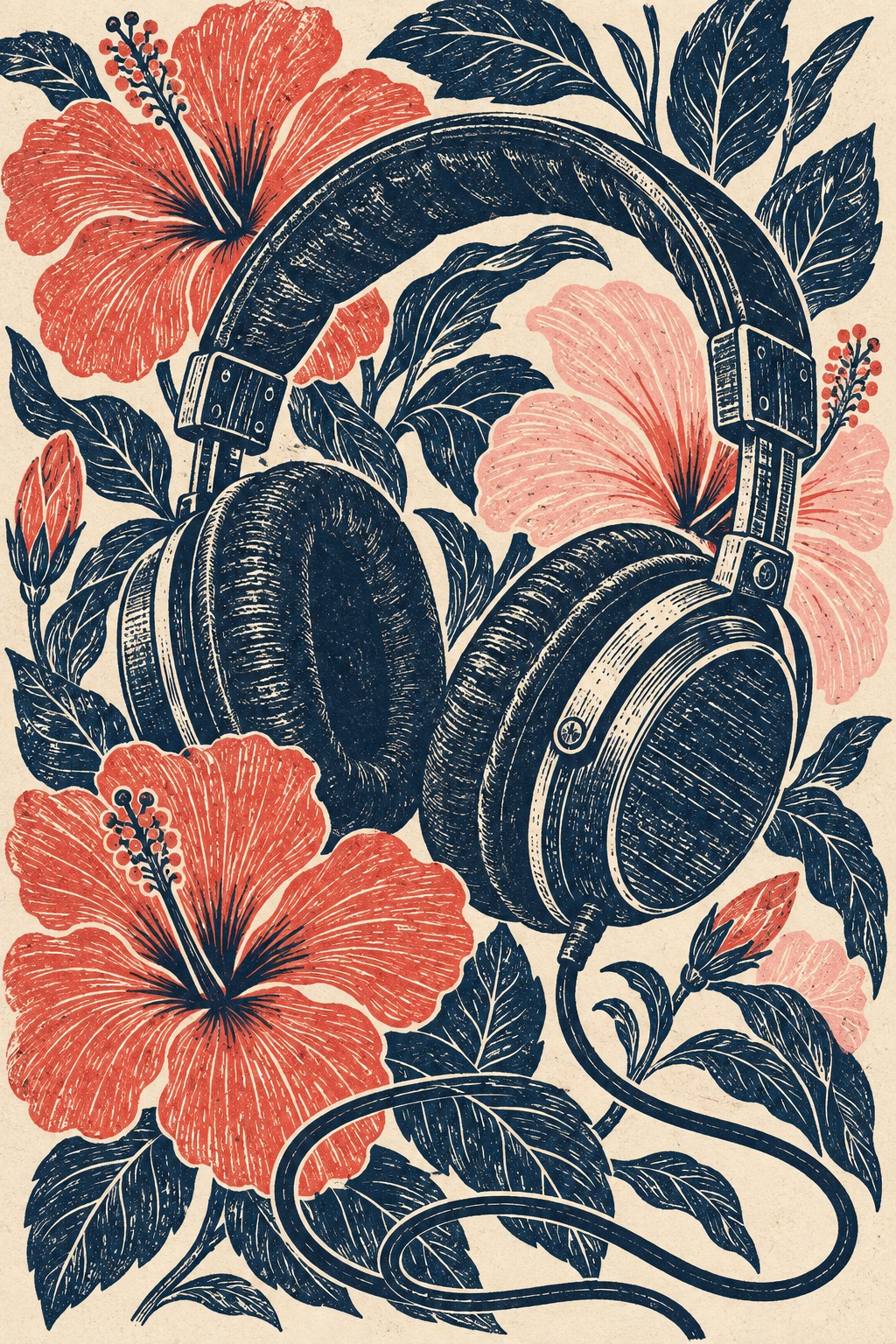 Vintage headphones and hibiscus flowers intertwine in a textured, linocut-inspired composition.