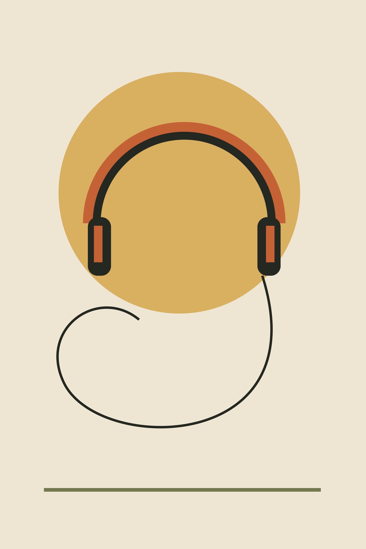 Orange headphones rest against a golden circle with a loose cable below.