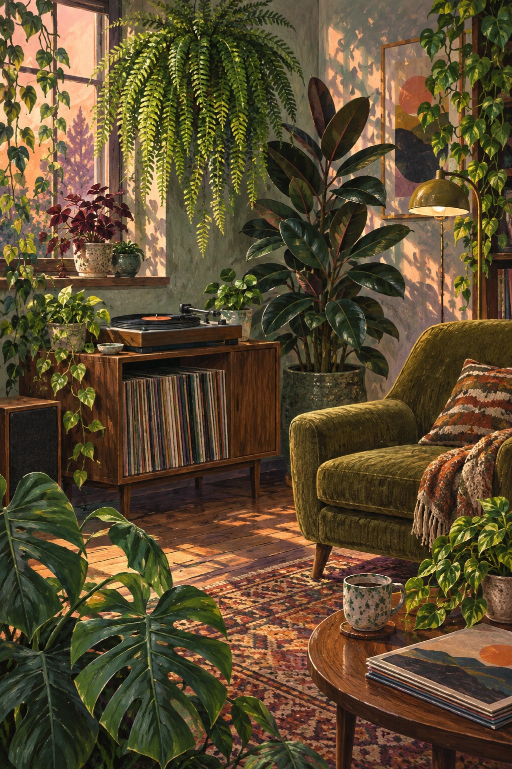 Lush leaves surround an olive armchair and a small record cabinet.