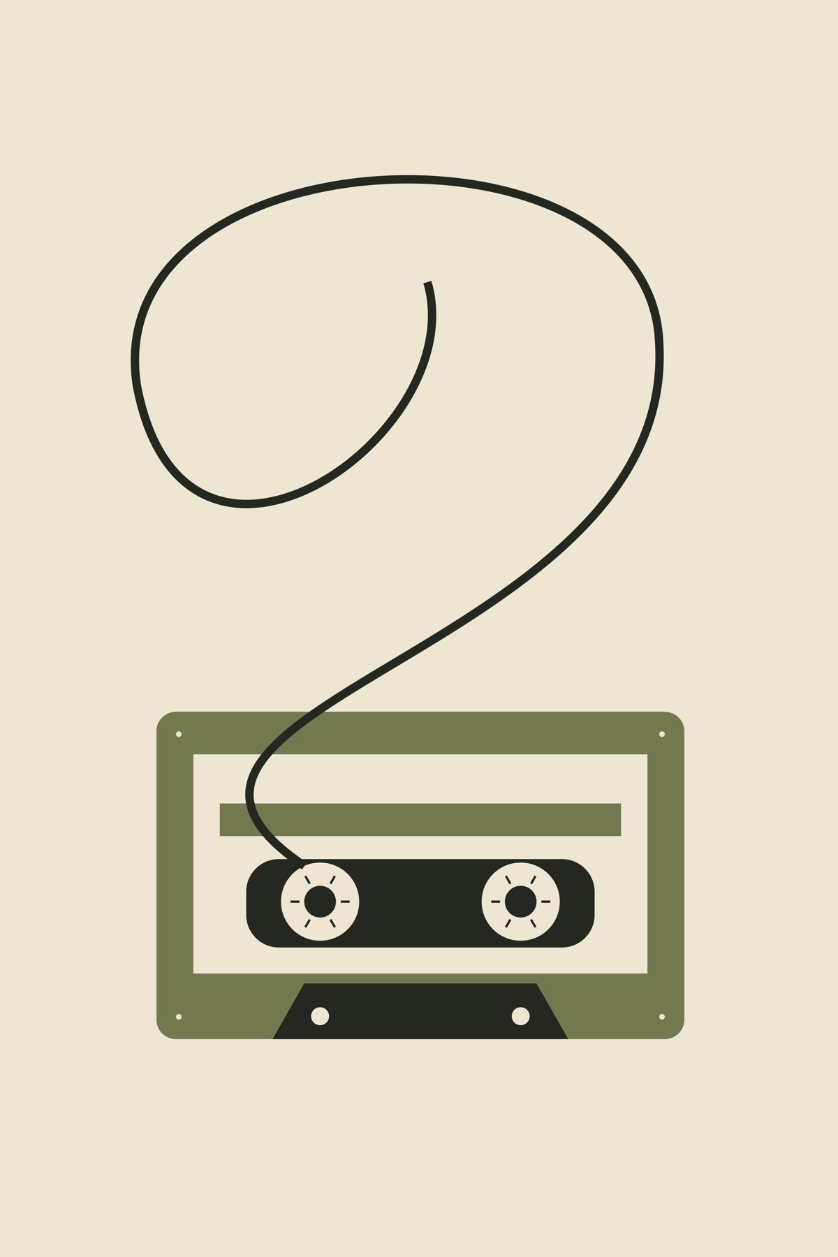 A loose black tape ribbon unfurls above a small olive cassette.