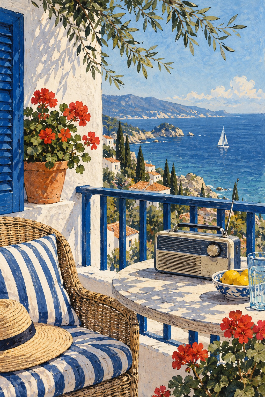 A radio and wicker chair face the sea from a balcony filled with geraniums.