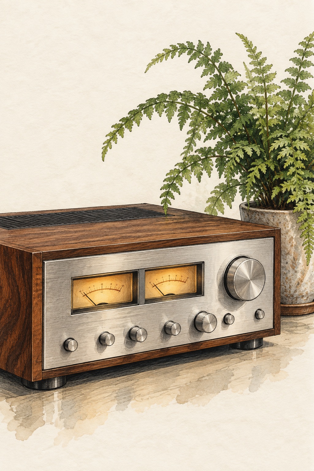 Fine ink-like marks describe a silver receiver, walnut case and small fern.