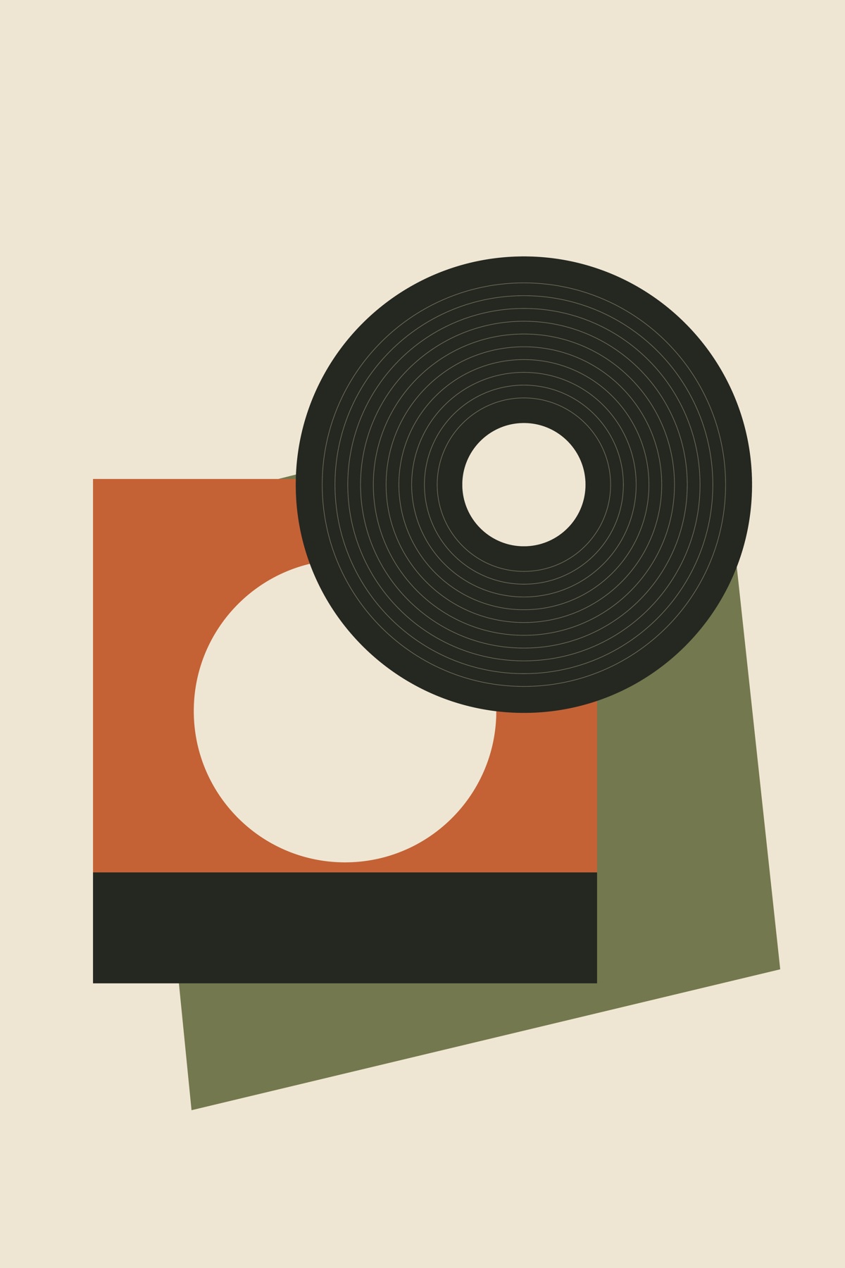 A vinyl record overlaps an orange sleeve and an angled olive shadow.