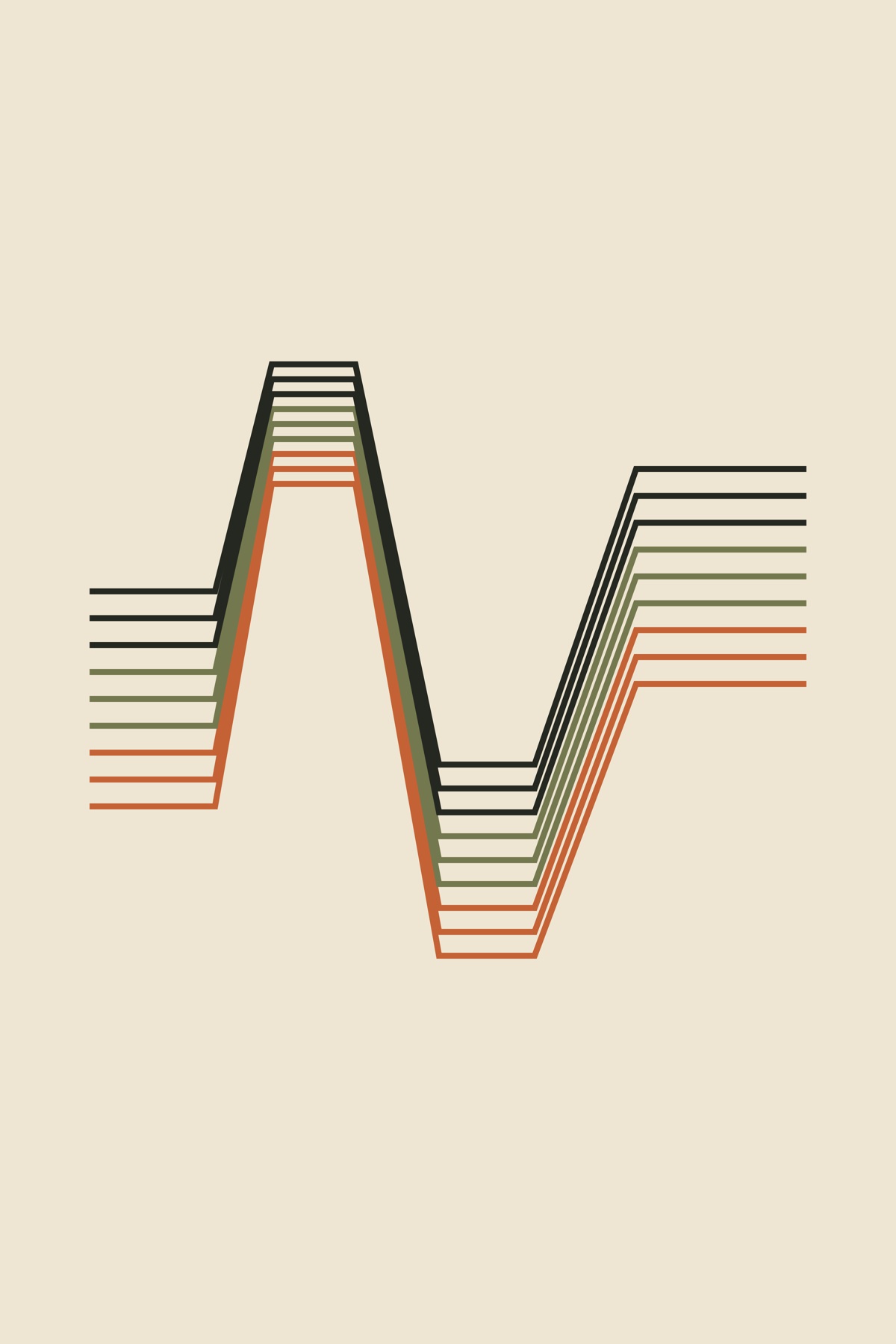 Nine angular signal lines climb, pause and fall in black, olive and orange.