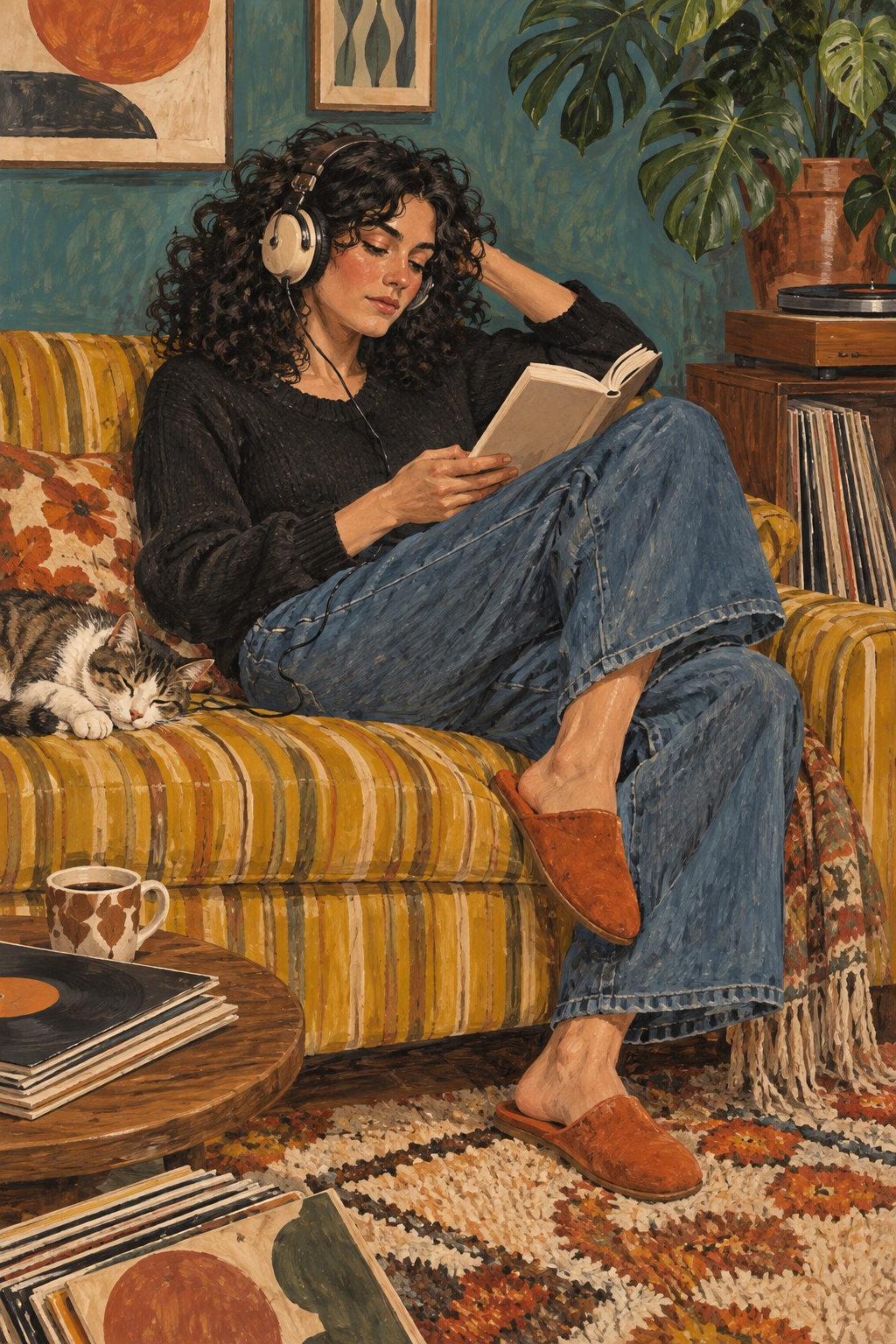 A reader with headphones relaxes on a striped sofa in a colourful Sunday room.