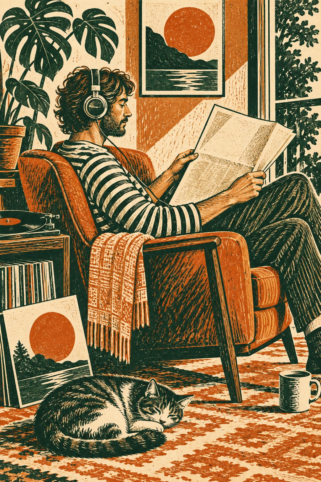 A reader with headphones and a sleeping cat share an unhurried Sunday.
