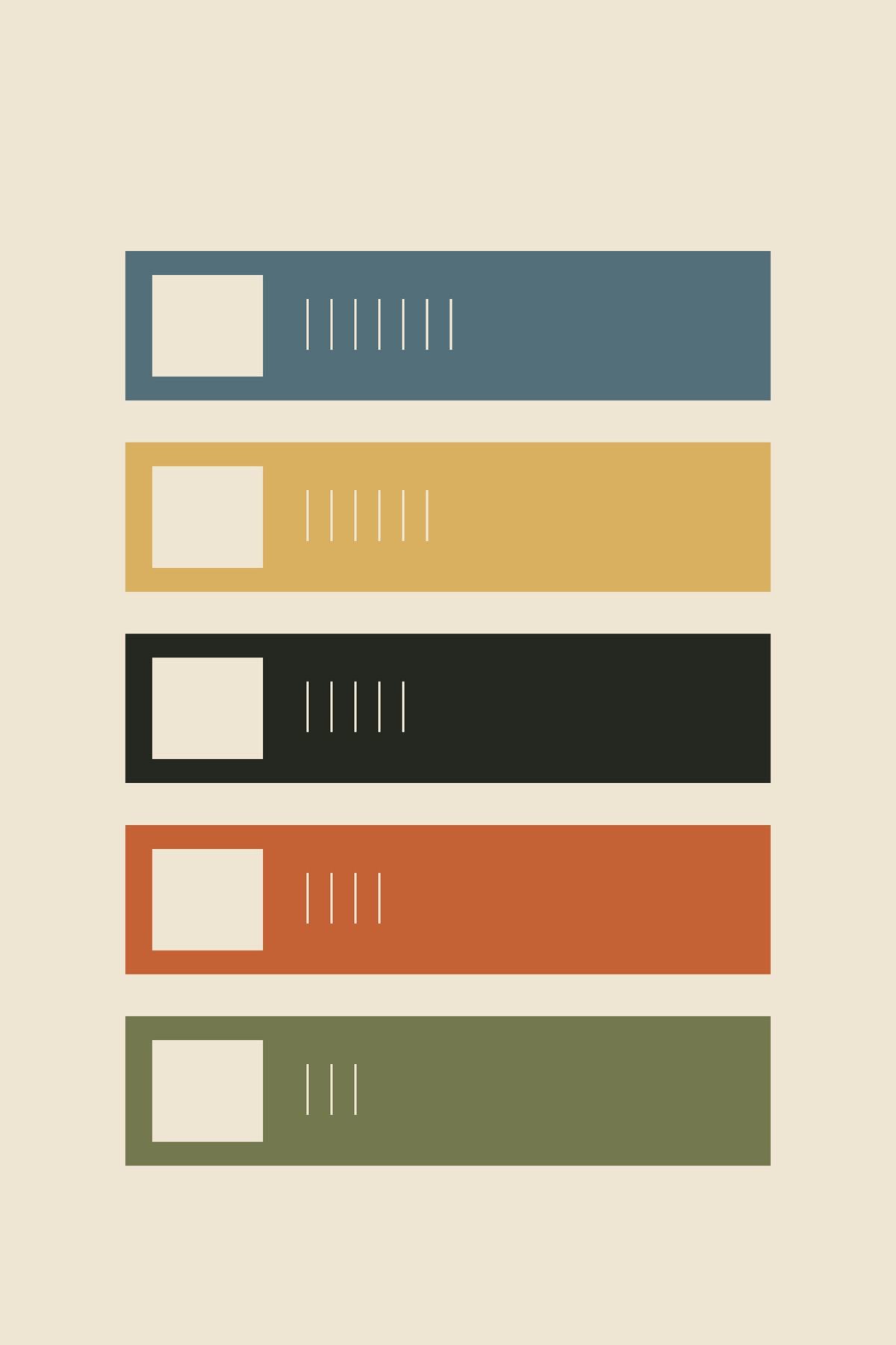 Five coloured tape spines form a measured stack of blue, gold, black, orange and olive.