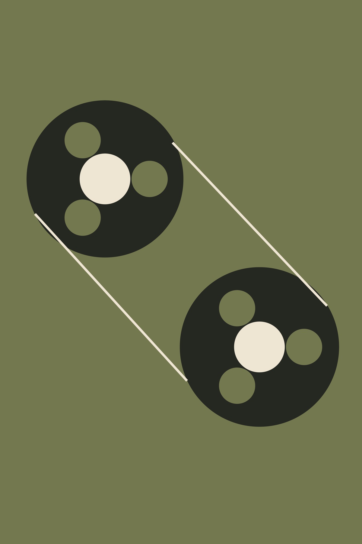 Two open tape reels sit diagonally across an olive field, linked by fine tape lines.