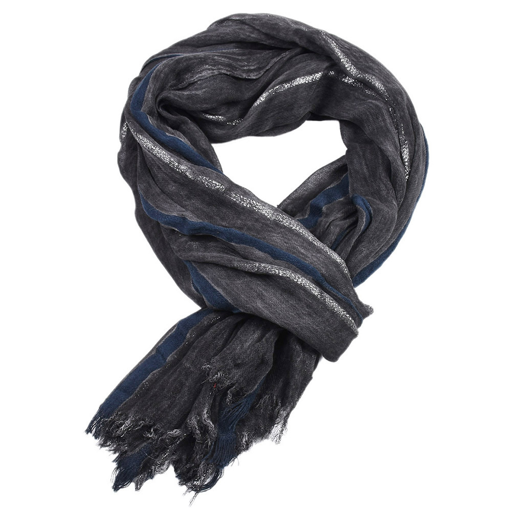 Dark grey scarf with blue and light stripes and fringed ends